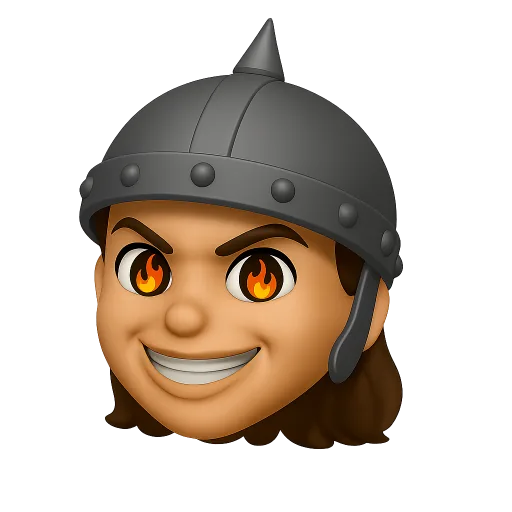 Bold memoji in a helmet with flames in the eyes