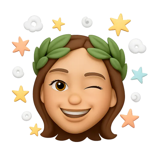 Winking memoji wearing a laurel crown among stars