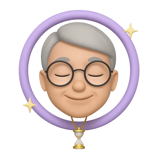 Serene silver-haired memoji with an hourglass pendant